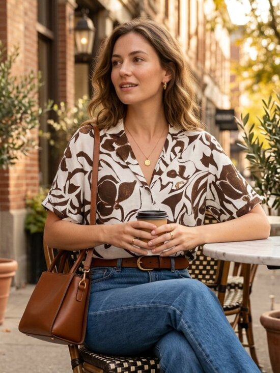 Rose & Olive Tops - Rose + Olive Linen Blend Floral Button Up Shirt NWT Cream Brown Small
